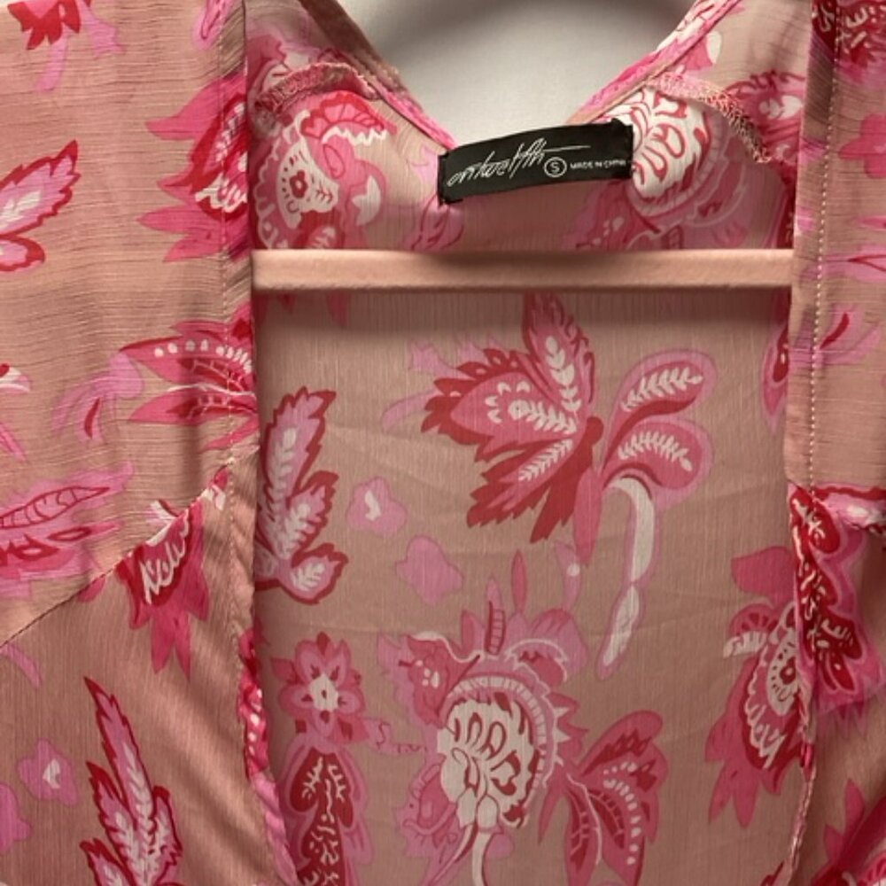 on twelfth Pink Floral Print Multi Use Open Front, Tie String, Cover Up. Size S - Picture 3 of 7